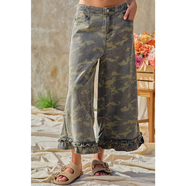 CAMOUFLAGE DENIM RUFFLED HEM MID RISE BLOOMER PANTS