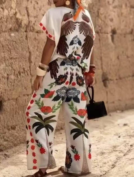 Bohemian Floral V-Neck Top and Pants Set