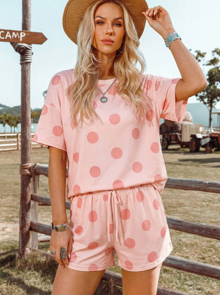 Polka Dot Print Tee with Drawstring Elastic Short Set