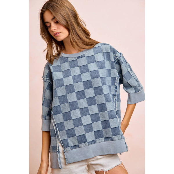 WASHED CHECKER DENIM OPEN SEAM SHORT SLEEVES TOP