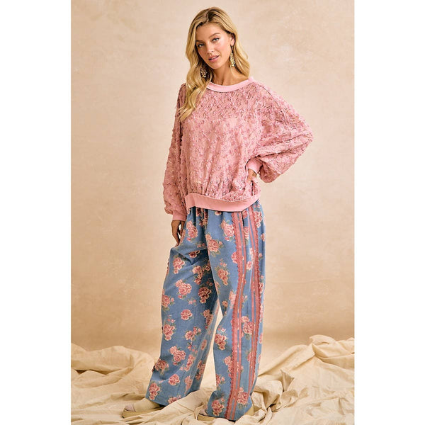 FLORAL WASHED DENIM LACE CONTRAST SIDE  PANTS BY BY BIBI