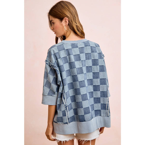 WASHED CHECKER DENIM OPEN SEAM SHORT SLEEVES TOP