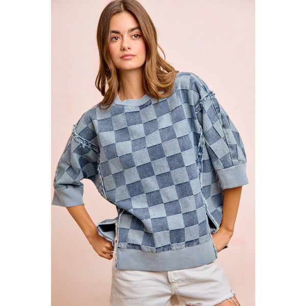 WASHED CHECKER DENIM OPEN SEAM SHORT SLEEVES TOP