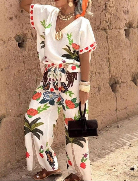 Bohemian Floral V-Neck Top and Pants Set
