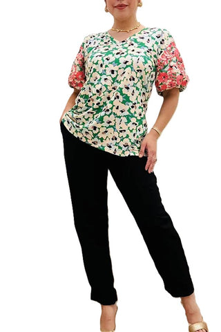 Pink floral embroidery & green floral printed balloon sleeve women top by Southern Stitch