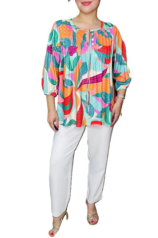 Multi Color 3/4 sleeves pleats front top