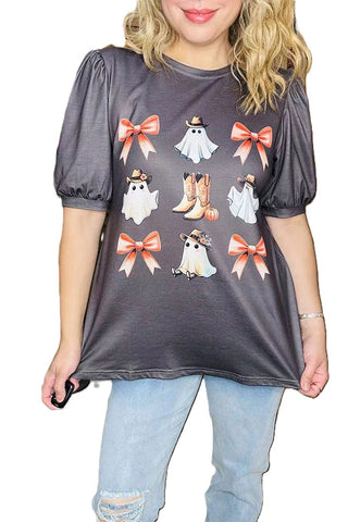 Western ghost & boot & bow dark grey latern short sleeve  top
