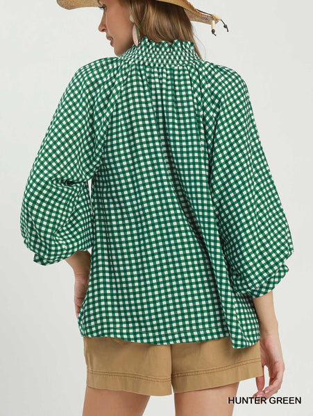 Gingham Check Puff Sleeve Blouse