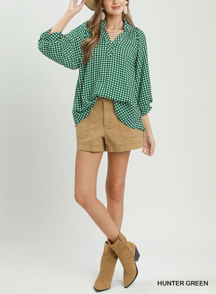 Gingham Check Puff Sleeve Blouse