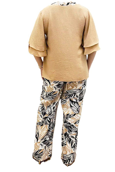 Khaki Ruffle Top & Floral Pants