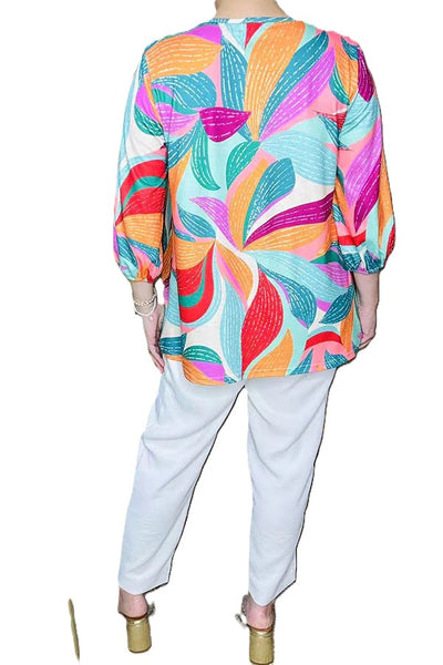 Multi Color 3/4 sleeves pleats front top