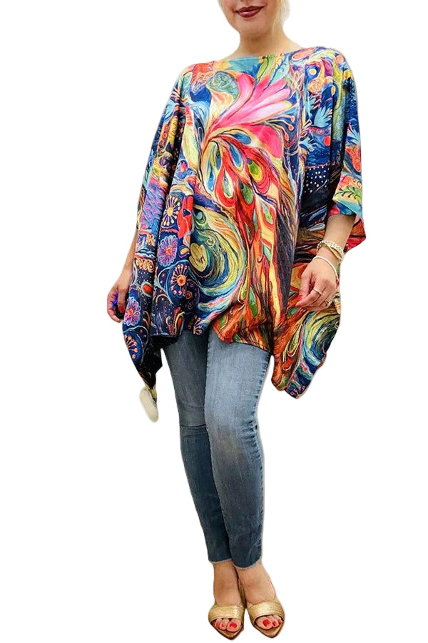 Multi color abstract painting satin blouse