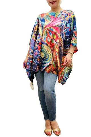 Multi color abstract painting satin blouse