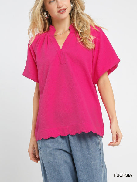 Umgee Scalloped Hem Textured Blouse