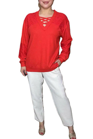 Red lace patch long sleeve top