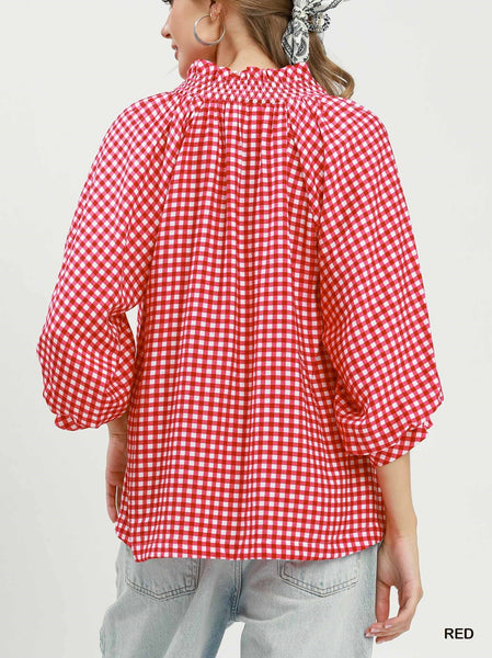 Gingham Check Puff Sleeve Blouse