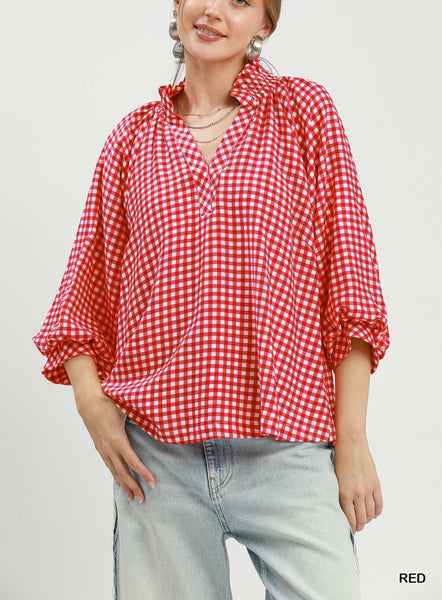 Gingham Check Puff Sleeve Blouse