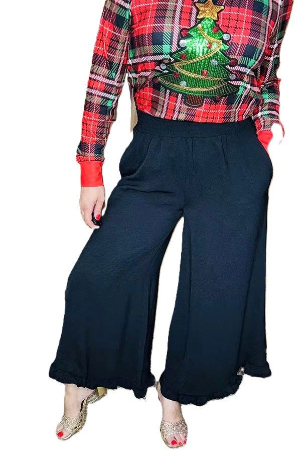 Solid color black ruffles wide leg women pant
