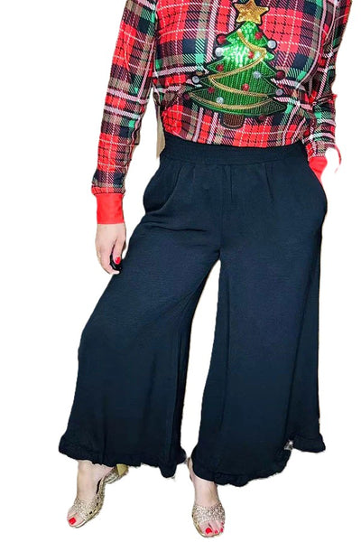 Solid color black ruffles wide leg women pant