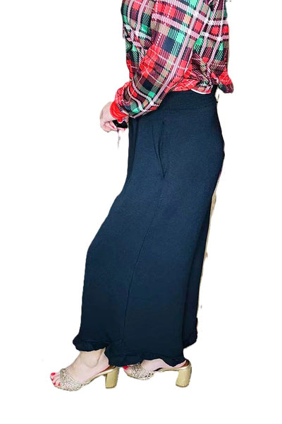 Solid color black ruffles wide leg women pant
