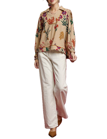 Floral Print Textured Fabric Collared Top by Umgee