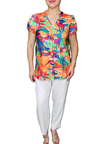 Orange mint floral printed double ruffle short sleeve women top