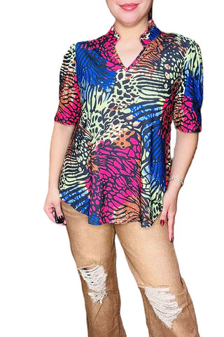 Western animal printed color block short sleeve women top