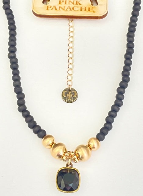 Black Wood & Brushed Gold Bead Necklace