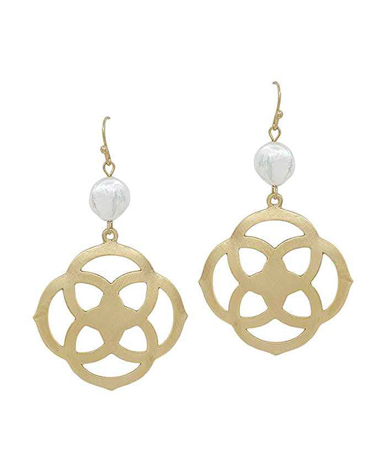 Geo Shape Metal Earrings with Coin Pearl Accent