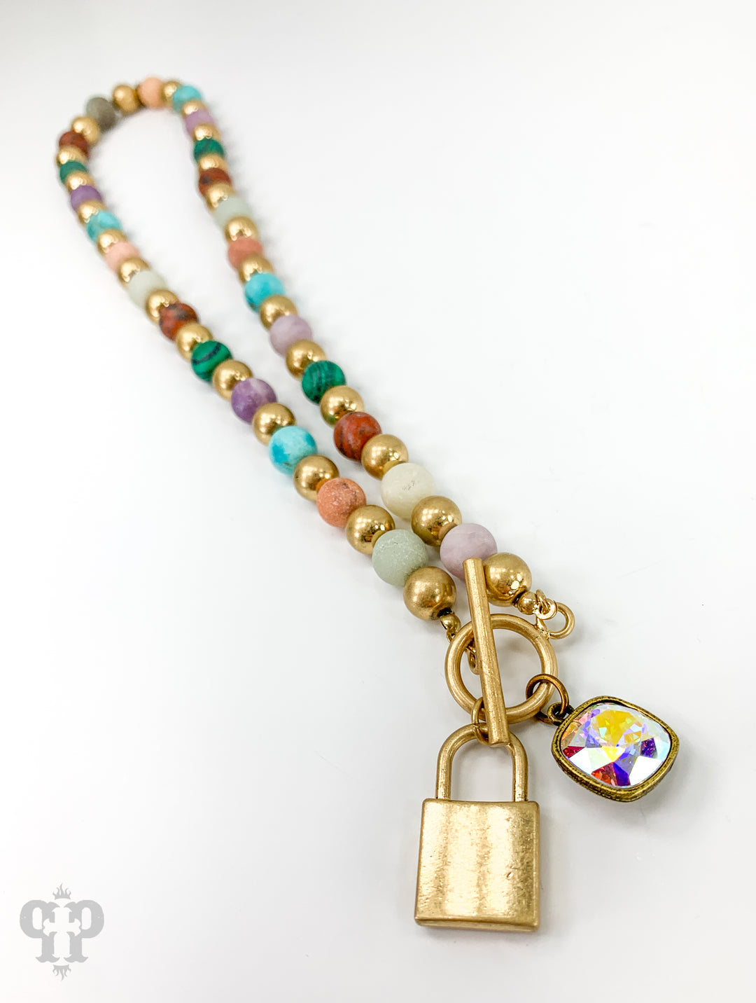 Stone Beaded Necklace With Gold Lock Charm